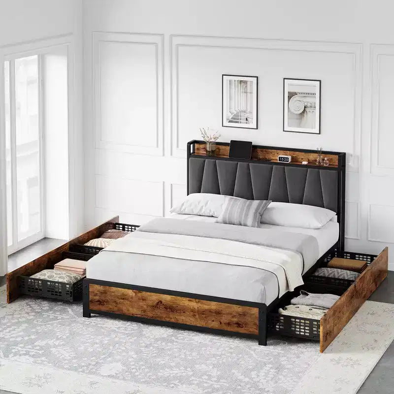 Estructura de cama con almacenamiento, cabecero tapizado en lino, cama plataforma con 4 cajones y estación de carga, color marrón vintage