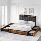 Estructura de cama con almacenamiento, cabecero tapizado en lino, cama plataforma con 4 cajones y estación de carga, color marrón vintage