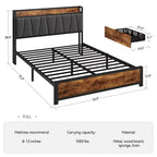 Estructura de cama con almacenamiento, cabecero tapizado en lino, cama plataforma con 4 cajones y estación de carga, color marrón vintage