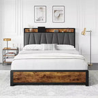 Estructura de cama con almacenamiento, cabecero tapizado en lino, cama plataforma con 4 cajones y estación de carga, color marrón vintage