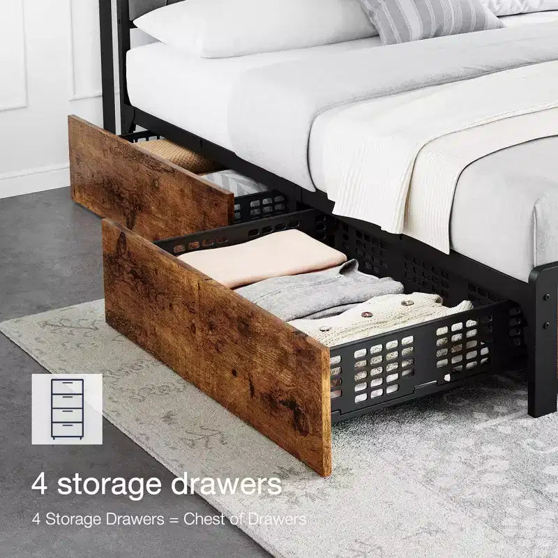 Estructura de cama con almacenamiento, cabecero tapizado en lino, cama plataforma con 4 cajones y estación de carga, color marrón vintage