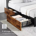 Estructura de cama con almacenamiento, cabecero tapizado en lino, cama plataforma con 4 cajones y estación de carga, color marrón vintage