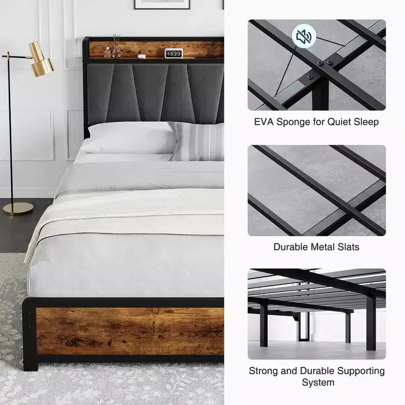 Estructura de cama con almacenamiento, cabecero tapizado en lino, cama plataforma con 4 cajones y estación de carga, color marrón vintage