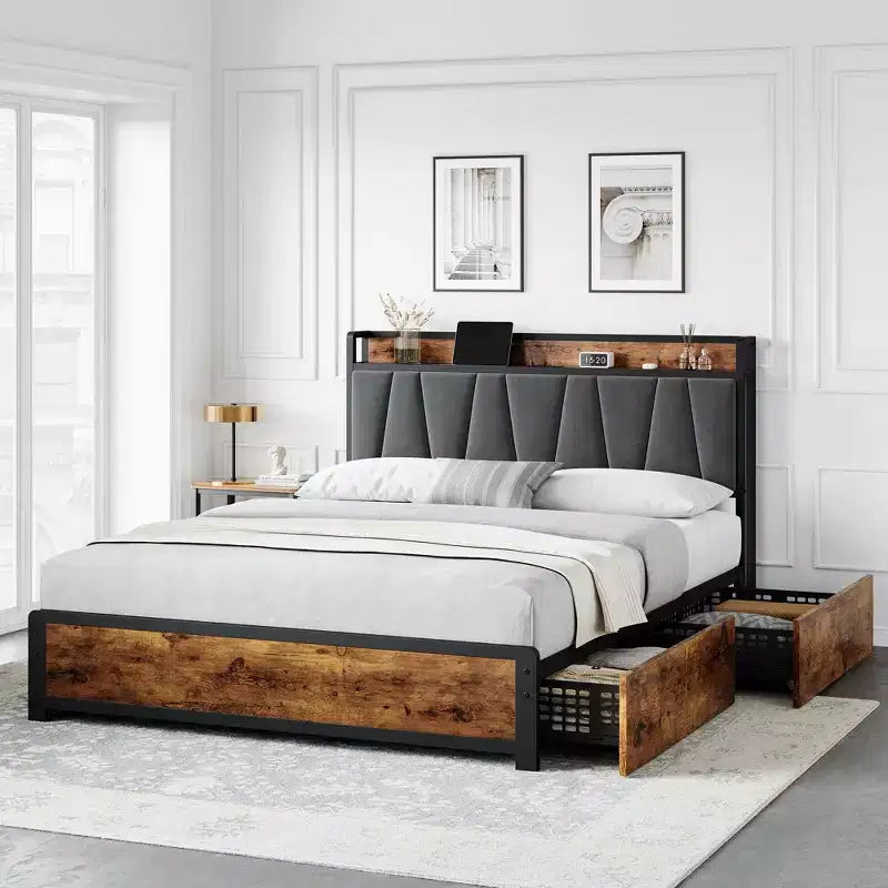 Estructura de cama con almacenamiento, cabecero tapizado en lino, cama plataforma con 4 cajones y estación de carga, color marrón vintage