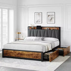 Estructura de cama con almacenamiento, cabecero tapizado en lino, cama plataforma con 4 cajones y estación de carga, color marrón vintage