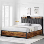 Estructura de cama con almacenamiento, cabecero tapizado en lino, cama plataforma con 4 cajones y estación de carga, color marrón vintage