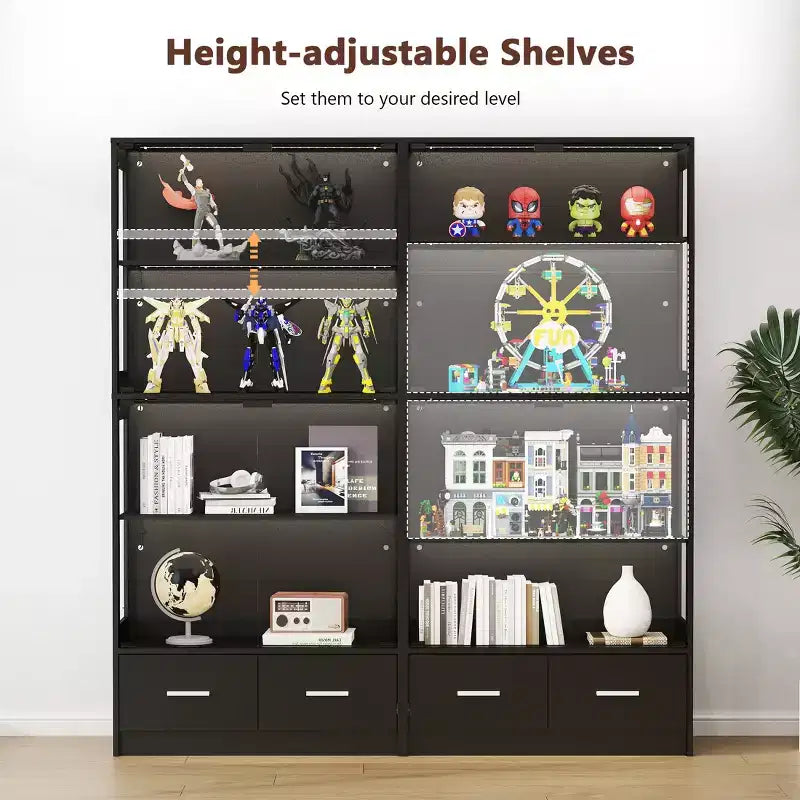5-Tier Glass Display Cabinet with LED Lights & Adjustable Shelves & 2 Drawers, Curio Cabinet for Home & Office