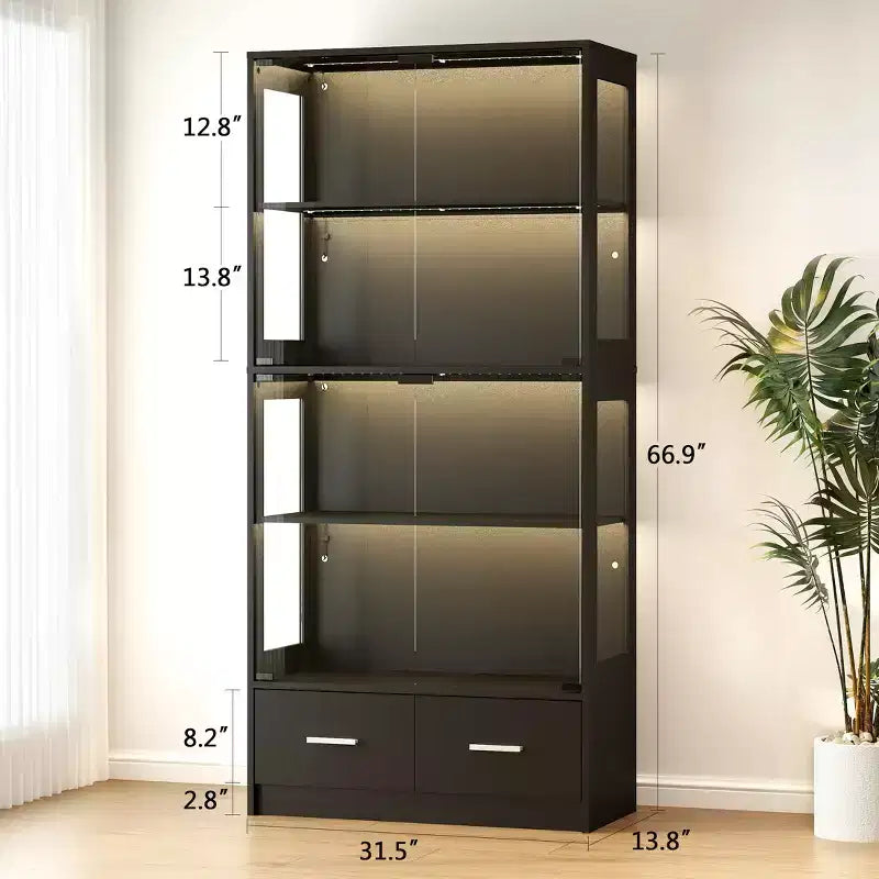 5-Tier Glass Display Cabinet with LED Lights & Adjustable Shelves & 2 Drawers, Curio Cabinet for Home & Office