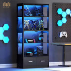 5-Tier Glass Display Cabinet with LED Lights & Adjustable Shelves & 2 Drawers, Curio Cabinet for Home & Office