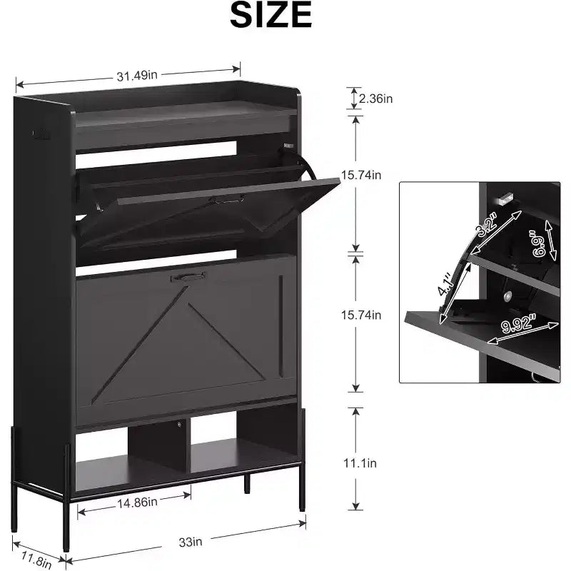 2-Drawer Shoe Cabinet, Freestanding Entryway Organizer with Flip-Up Doors, Metal Legs, Narrow Shoe Rack for Dry/Wet Separation Storage