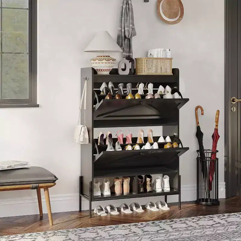 2-Drawer Shoe Cabinet, Freestanding Entryway Organizer with Flip-Up Doors, Metal Legs, Narrow Shoe Rack for Dry/Wet Separation Storage