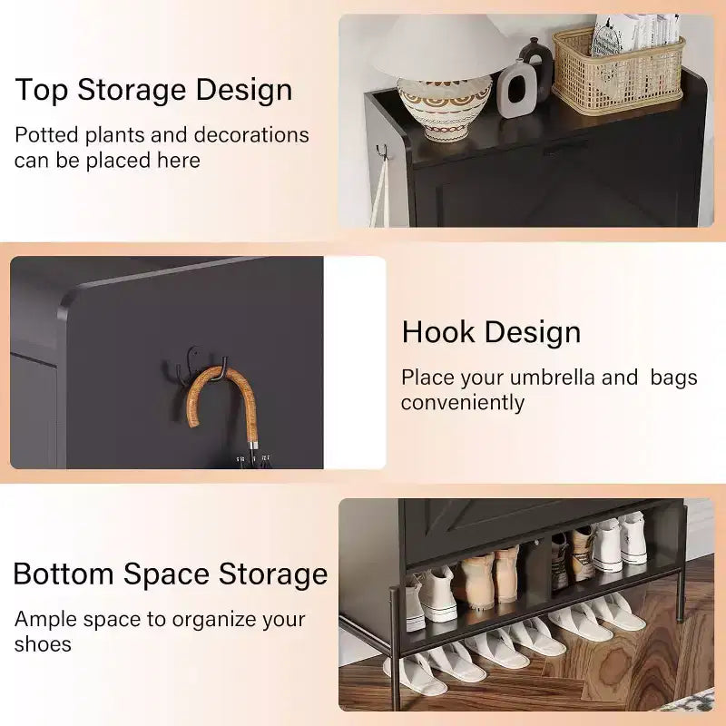 2-Drawer Shoe Cabinet, Freestanding Entryway Organizer with Flip-Up Doors, Metal Legs, Narrow Shoe Rack for Dry/Wet Separation Storage