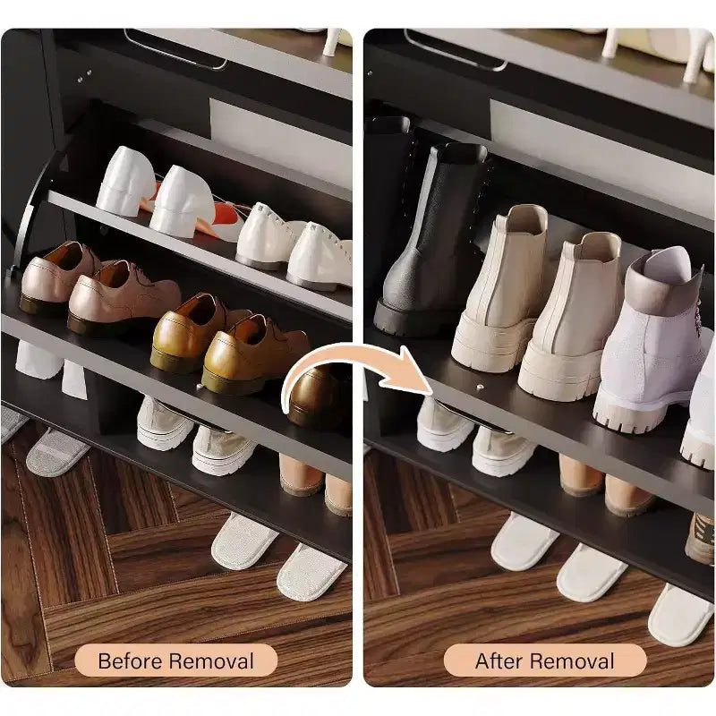 2-Drawer Shoe Cabinet, Freestanding Entryway Organizer with Flip-Up Doors, Metal Legs, Narrow Shoe Rack for Dry/Wet Separation Storage