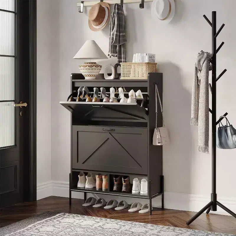 2-Drawer Shoe Cabinet, Freestanding Entryway Organizer with Flip-Up Doors, Metal Legs, Narrow Shoe Rack for Dry/Wet Separation Storage