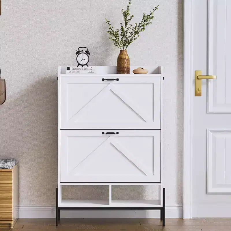 2-Drawer Shoe Cabinet, Freestanding Entryway Organizer with Flip-Up Doors, Metal Legs, Narrow Shoe Rack for Dry/Wet Separation Storage