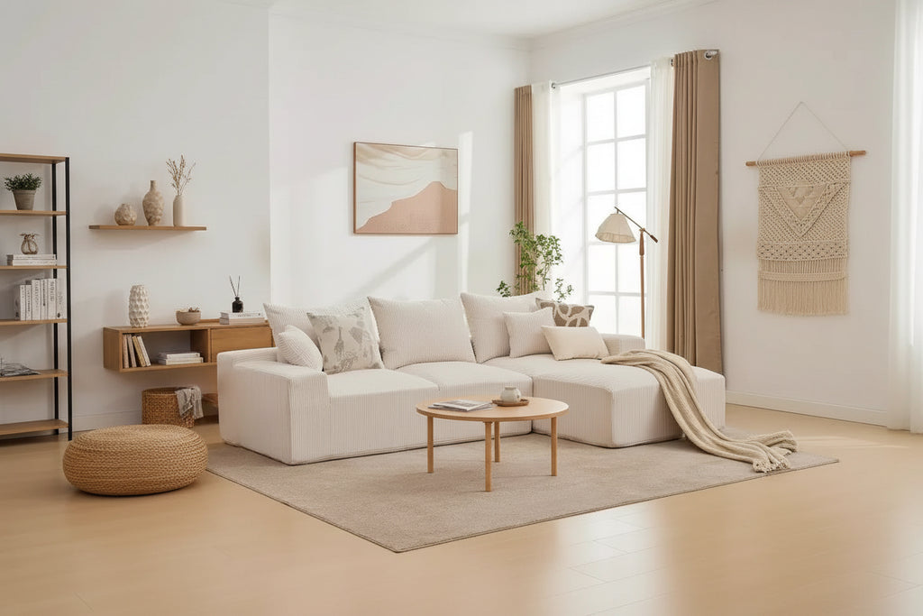 110In Oversized L-Shaped Sofa, Cloud Sectional Couch w/Chaise Throw Pillows, Soft Corduroy Boneless Foam Sofa for Living Rooms, Apartments, Dorms