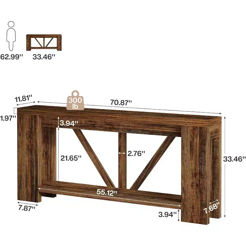 70.9-Inch Long Console Table, 2-Tier Farmhouse Sofa Table Behind Couch, Large Entry Console with Storage for Hallway, Foyer
