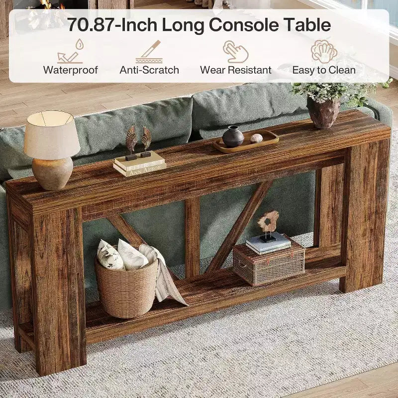 70.9-Inch Long Console Table, 2-Tier Farmhouse Sofa Table Behind Couch, Large Entry Console with Storage for Hallway, Foyer