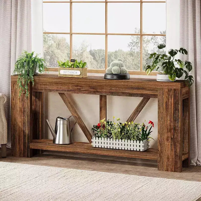 70.9-Inch Long Console Table, 2-Tier Farmhouse Sofa Table Behind Couch, Large Entry Console with Storage for Hallway, Foyer