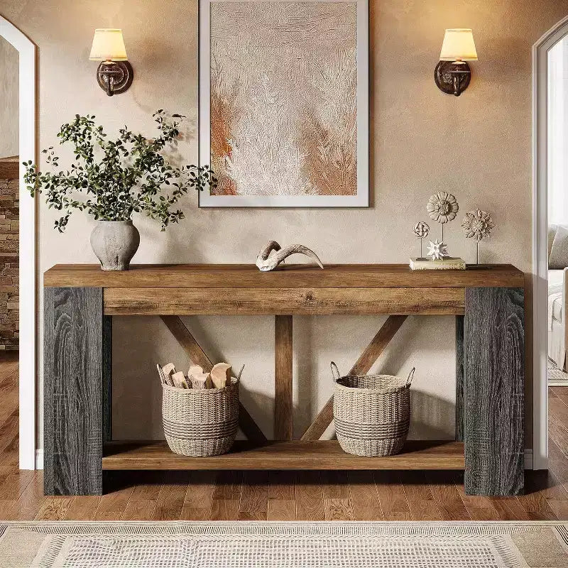 70.9-Inch Long Console Table, 2-Tier Farmhouse Sofa Table Behind Couch, Large Entry Console with Storage for Hallway, Foyer