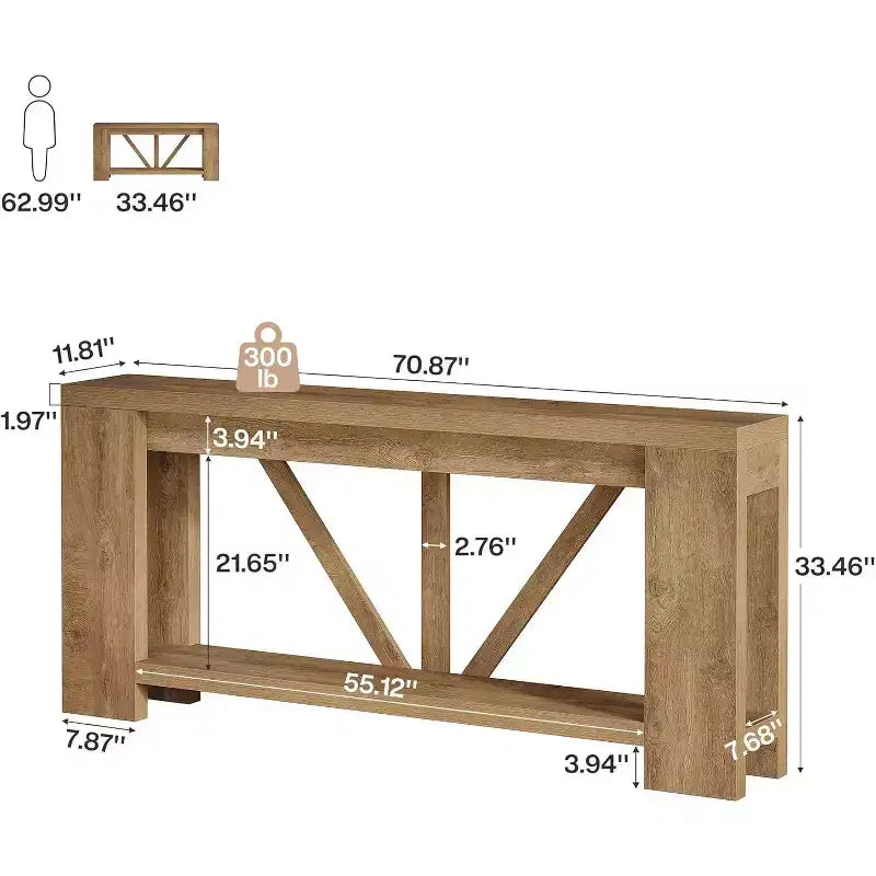 70.9-Inch Long Console Table, 2-Tier Farmhouse Sofa Table Behind Couch, Large Entry Console with Storage for Hallway, Foyer