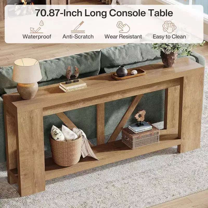 70.9-Inch Long Console Table, 2-Tier Farmhouse Sofa Table Behind Couch, Large Entry Console with Storage for Hallway, Foyer