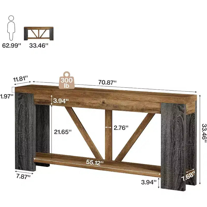 70.9-Inch Long Console Table, 2-Tier Farmhouse Sofa Table Behind Couch, Large Entry Console with Storage for Hallway, Foyer