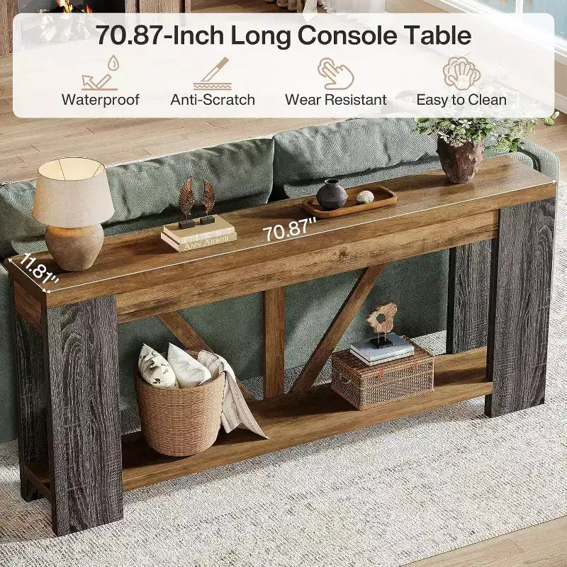 70.9-Inch Long Console Table, 2-Tier Farmhouse Sofa Table Behind Couch, Large Entry Console with Storage for Hallway, Foyer