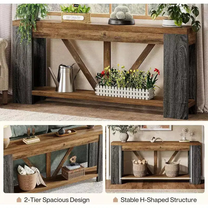 70.9-Inch Long Console Table, 2-Tier Farmhouse Sofa Table Behind Couch, Large Entry Console with Storage for Hallway, Foyer