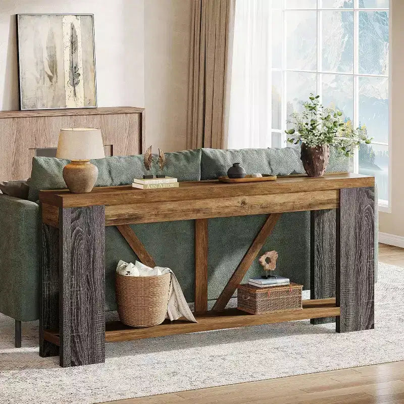70.9-Inch Long Console Table, 2-Tier Farmhouse Sofa Table Behind Couch, Large Entry Console with Storage for Hallway, Foyer