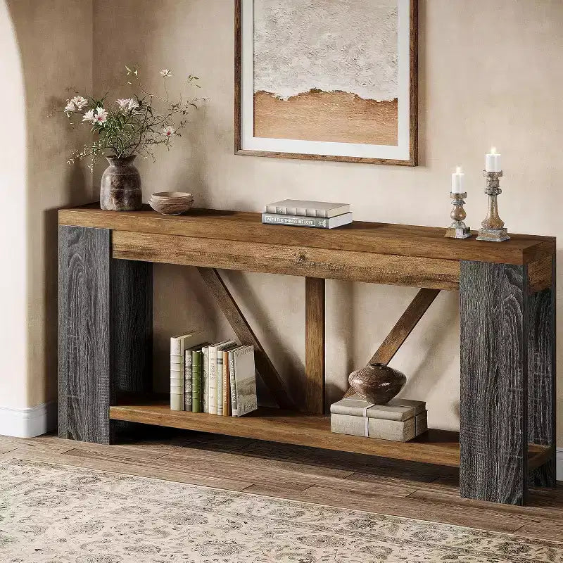 70.9-Inch Long Console Table, 2-Tier Farmhouse Sofa Table Behind Couch, Large Entry Console with Storage for Hallway, Foyer