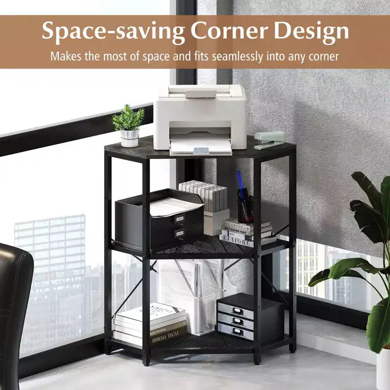 Corner Printer Stand with Charging Station Adjustable Metal Mesh Shelf Black/Brown/White