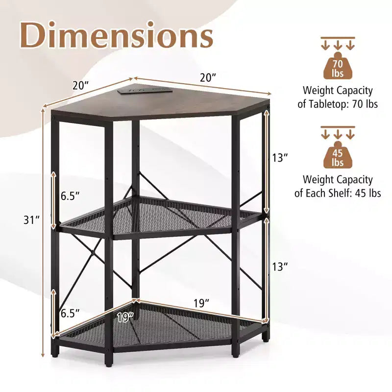 Corner Printer Stand with Charging Station Adjustable Metal Mesh Shelf Black/Brown/White