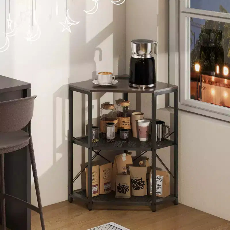Corner Printer Stand with Charging Station Adjustable Metal Mesh Shelf Black/Brown/White