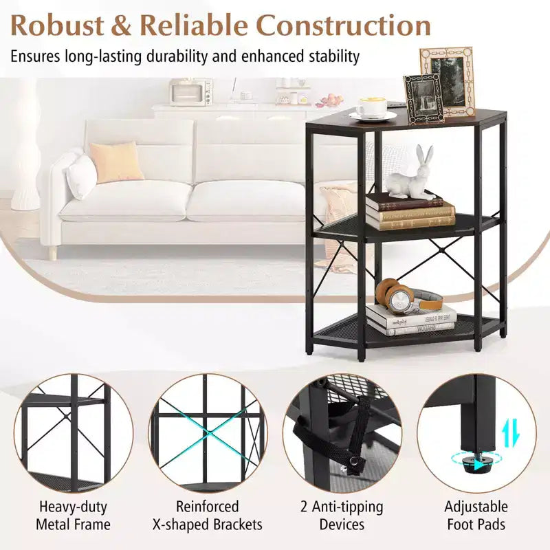 Corner Printer Stand with Charging Station Adjustable Metal Mesh Shelf Black/Brown/White