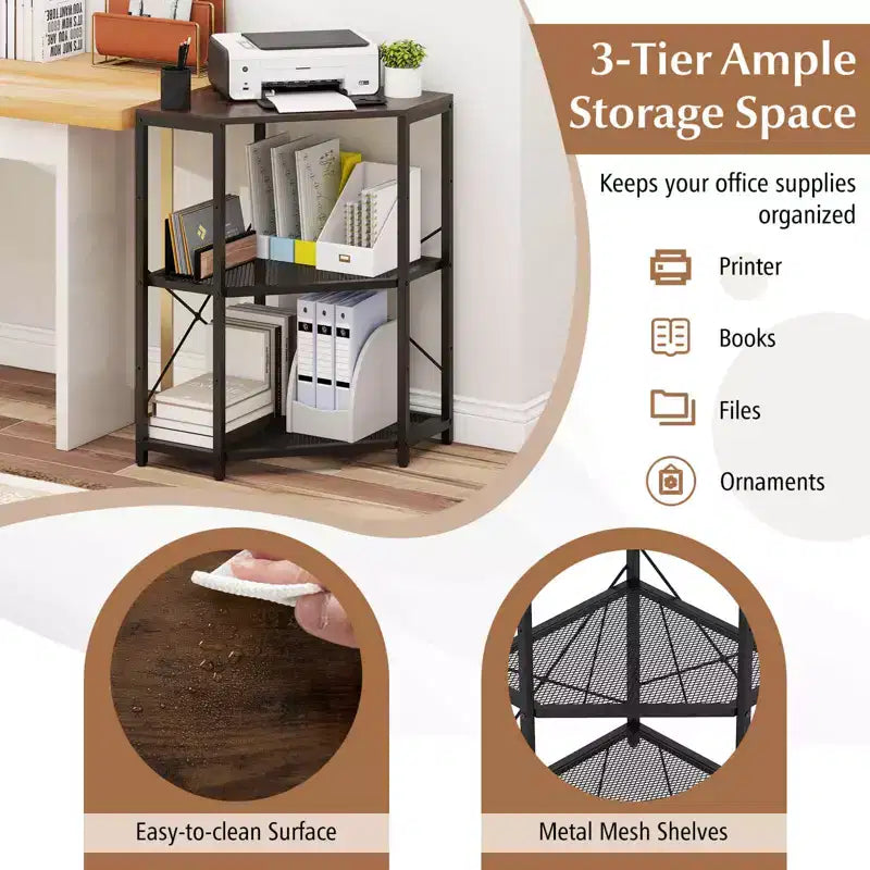 Corner Printer Stand with Charging Station Adjustable Metal Mesh Shelf Black/Brown/White