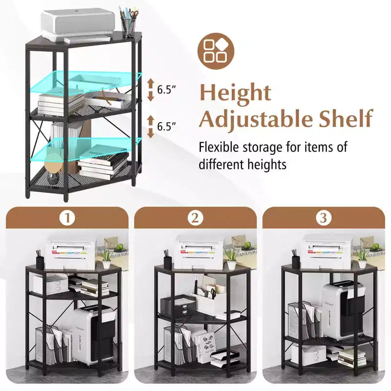 Corner Printer Stand with Charging Station Adjustable Metal Mesh Shelf Black/Brown/White