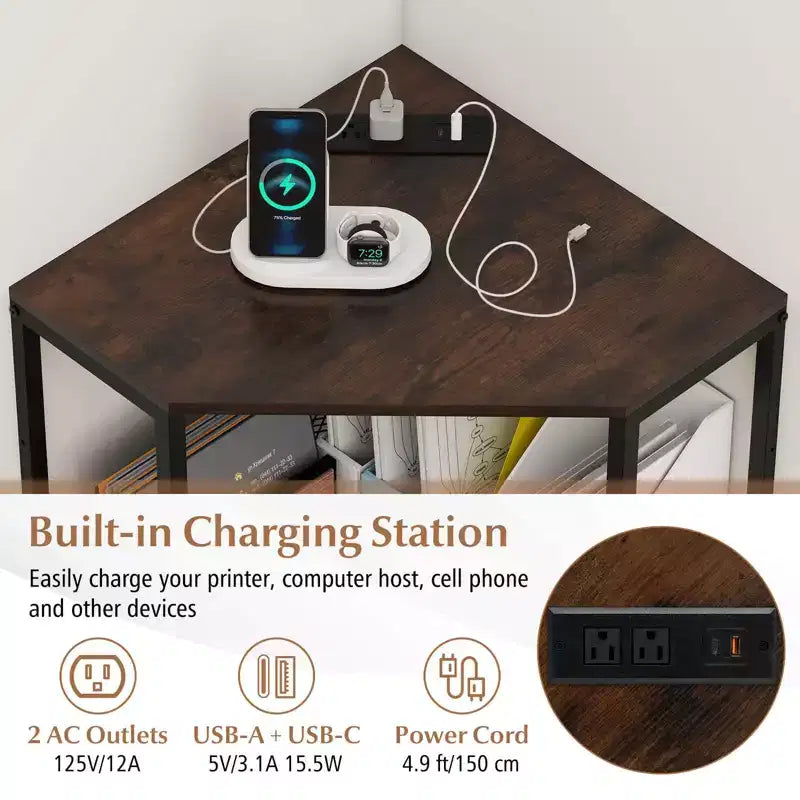 Corner Printer Stand with Charging Station Adjustable Metal Mesh Shelf Black/Brown/White