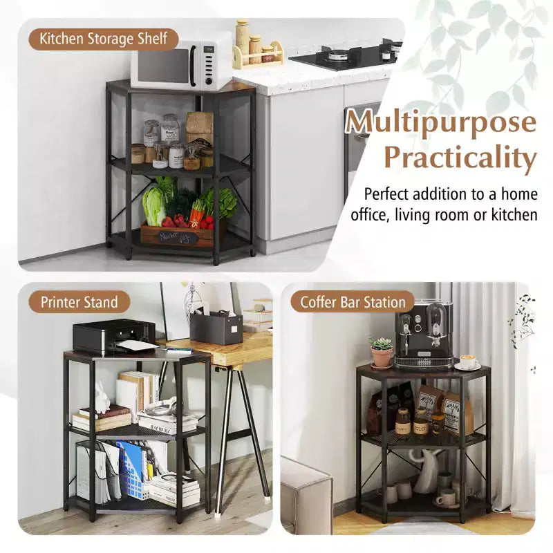 Corner Printer Stand with Charging Station Adjustable Metal Mesh Shelf Black/Brown/White