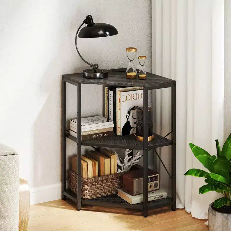 Corner Printer Stand with Charging Station Adjustable Metal Mesh Shelf Black/Brown/White