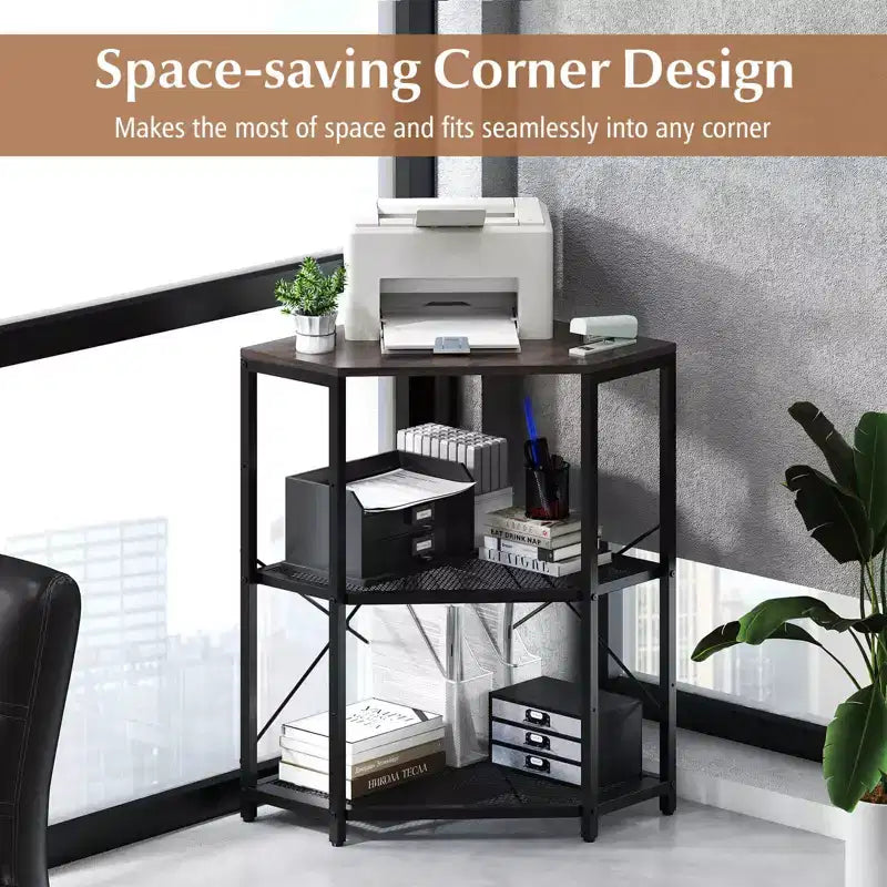 Corner Printer Stand with Charging Station Adjustable Metal Mesh Shelf Black/Brown/White