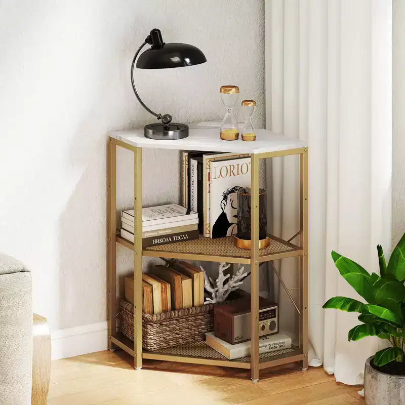 Corner Printer Stand with Charging Station Adjustable Metal Mesh Shelf Black/Brown/White