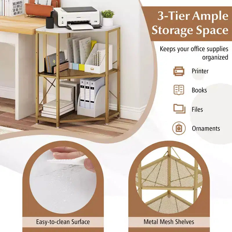 Corner Printer Stand with Charging Station Adjustable Metal Mesh Shelf Black/Brown/White