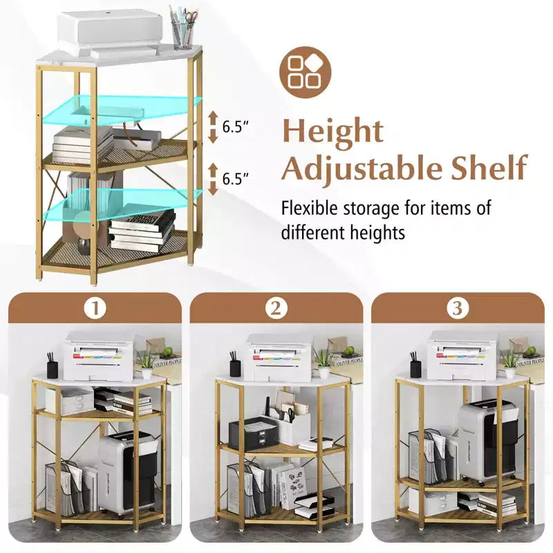 Corner Printer Stand with Charging Station Adjustable Metal Mesh Shelf Black/Brown/White