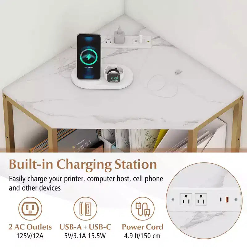 Corner Printer Stand with Charging Station Adjustable Metal Mesh Shelf Black/Brown/White