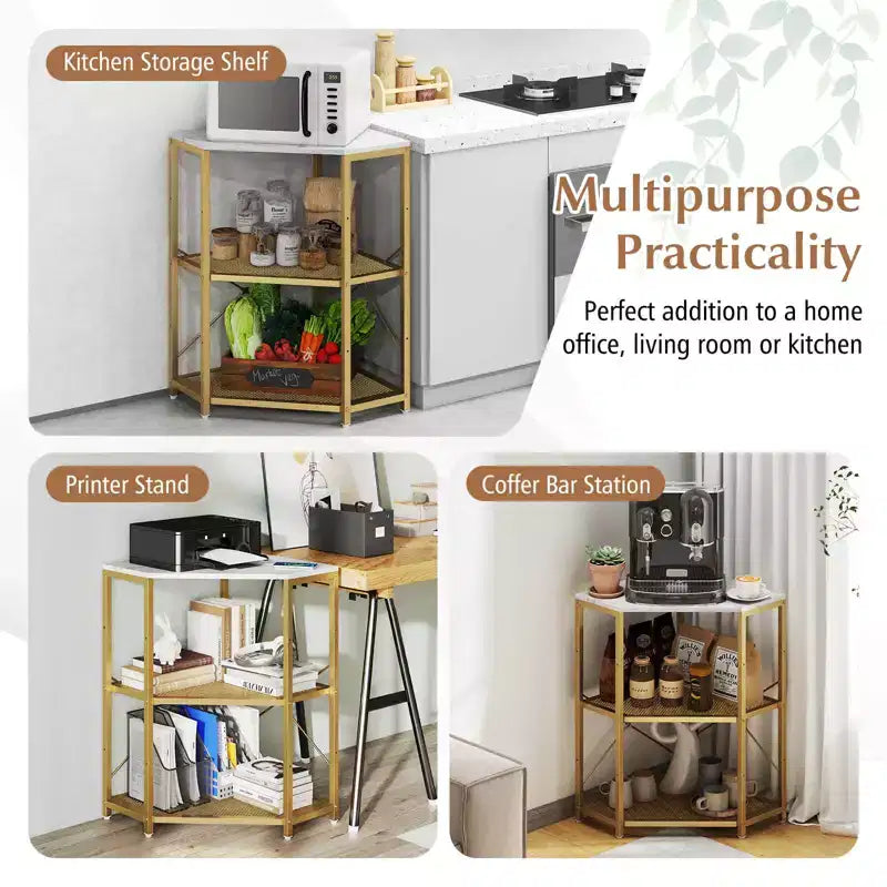 Corner Printer Stand with Charging Station Adjustable Metal Mesh Shelf Black/Brown/White