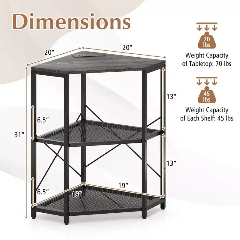 Corner Printer Stand with Charging Station Adjustable Metal Mesh Shelf Black/Brown/White