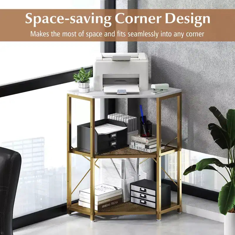 Corner Printer Stand with Charging Station Adjustable Metal Mesh Shelf Black/Brown/White