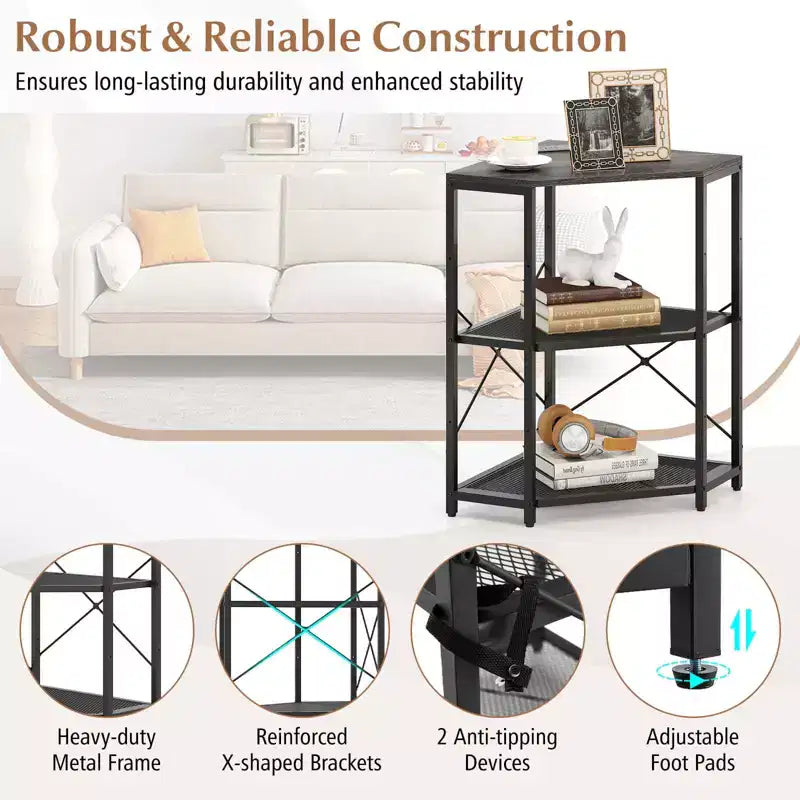 Corner Printer Stand with Charging Station Adjustable Metal Mesh Shelf Black/Brown/White