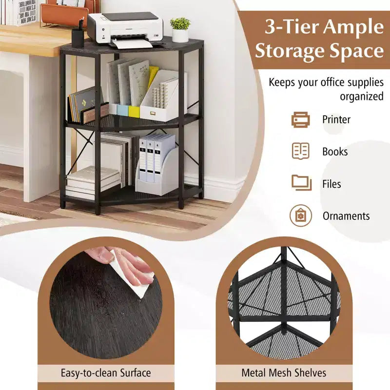 Corner Printer Stand with Charging Station Adjustable Metal Mesh Shelf Black/Brown/White